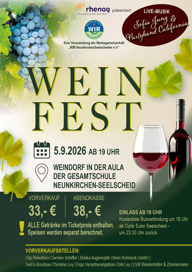 Plakat zum Weinfest 2026 am 5. September in der Aula der Gesamtschule Neunkirchen-Seelscheid